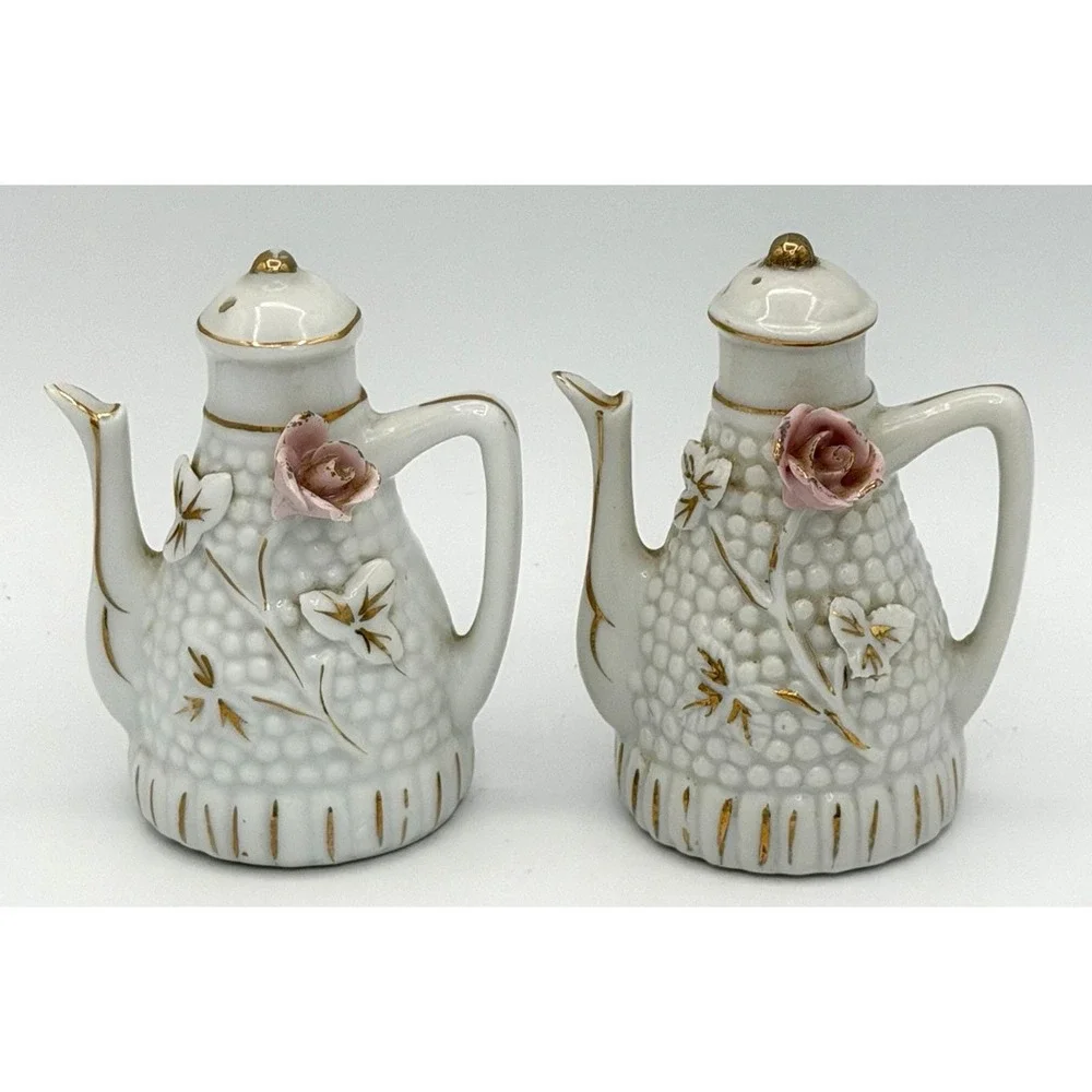 Pink Rose White Teapot Hobnail 3D Salt & Pepper Shakers Japan Hand Painted EUC